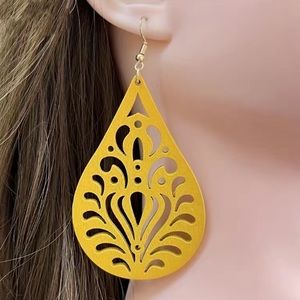 Boho Style Yellow Cut Wooden Designed Teardrop Shaped Drop Earrings